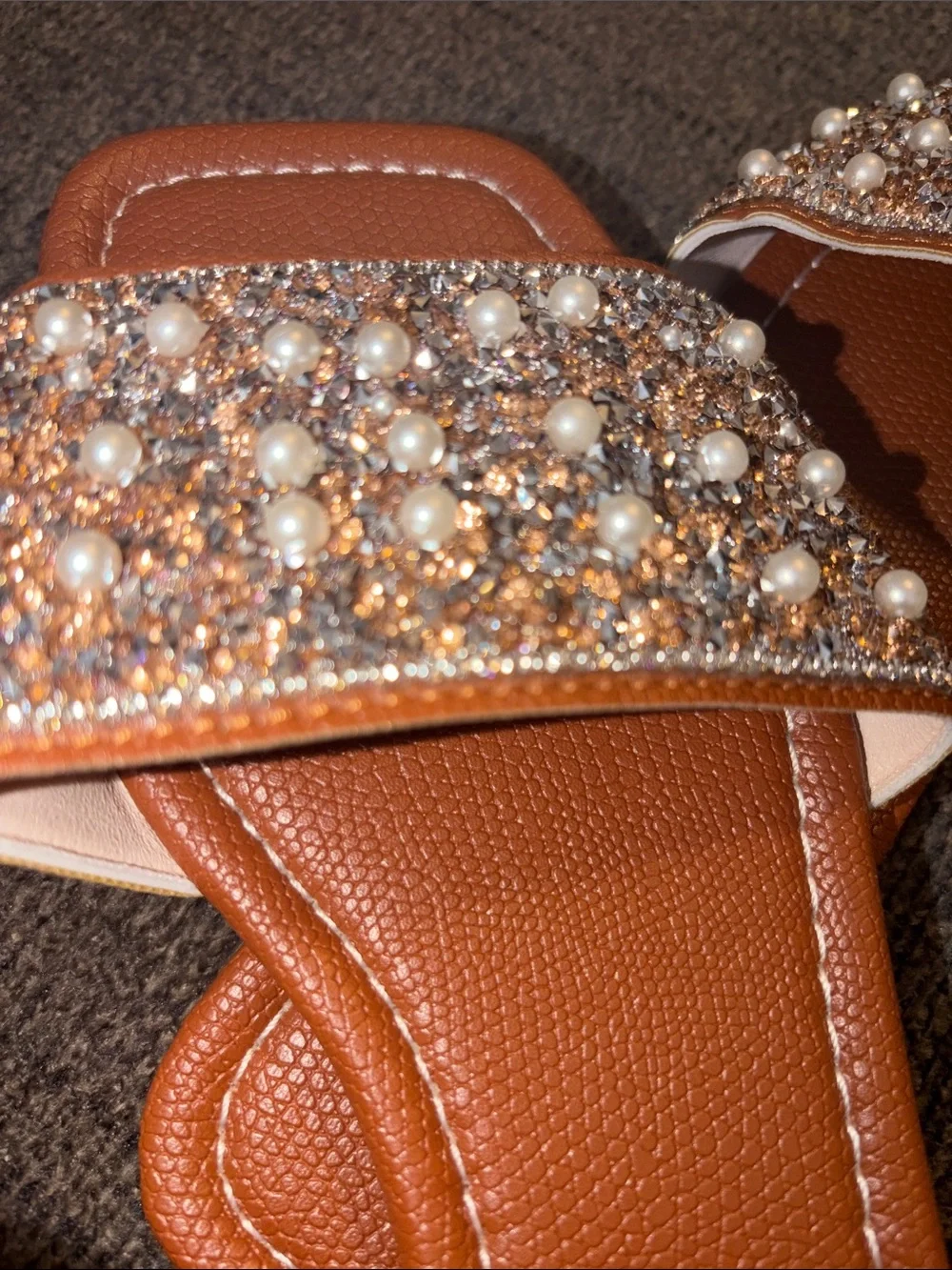 SHEIN Pearl & Rhinestone Double-Band Sandals - Brown